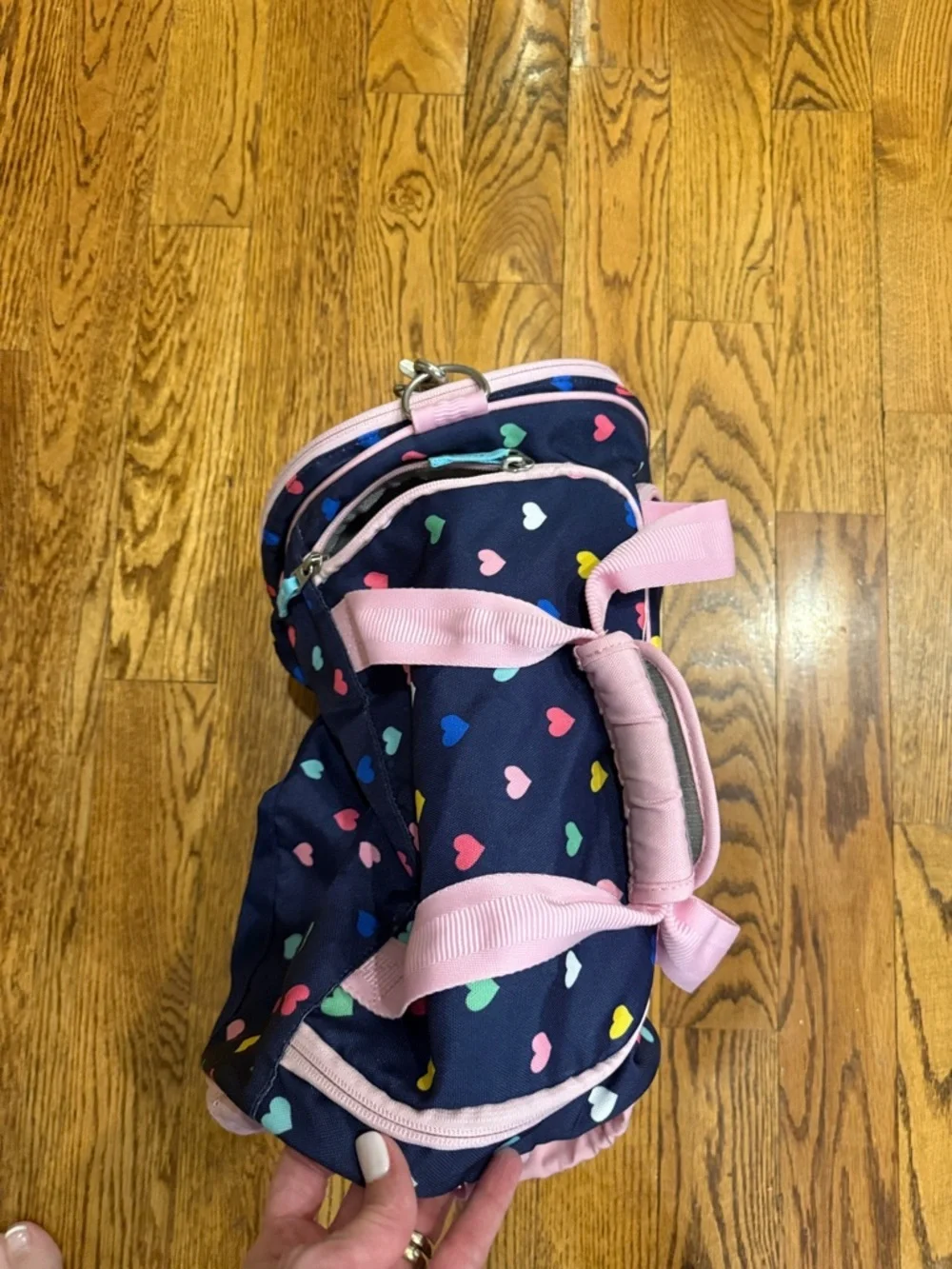 Pottery Barn Kids Mackenzie Navy and multicolored Hearts Sports Duffle Bag
